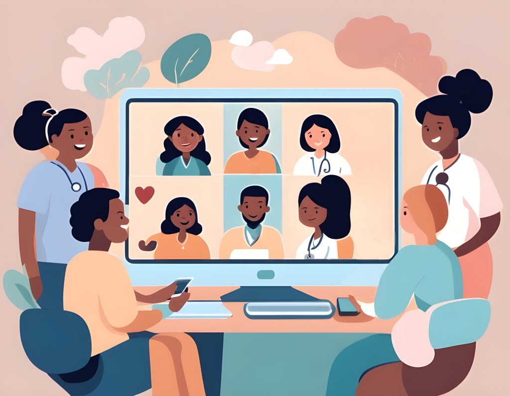 a video call on a computer with multiple people including medical professionals and patients